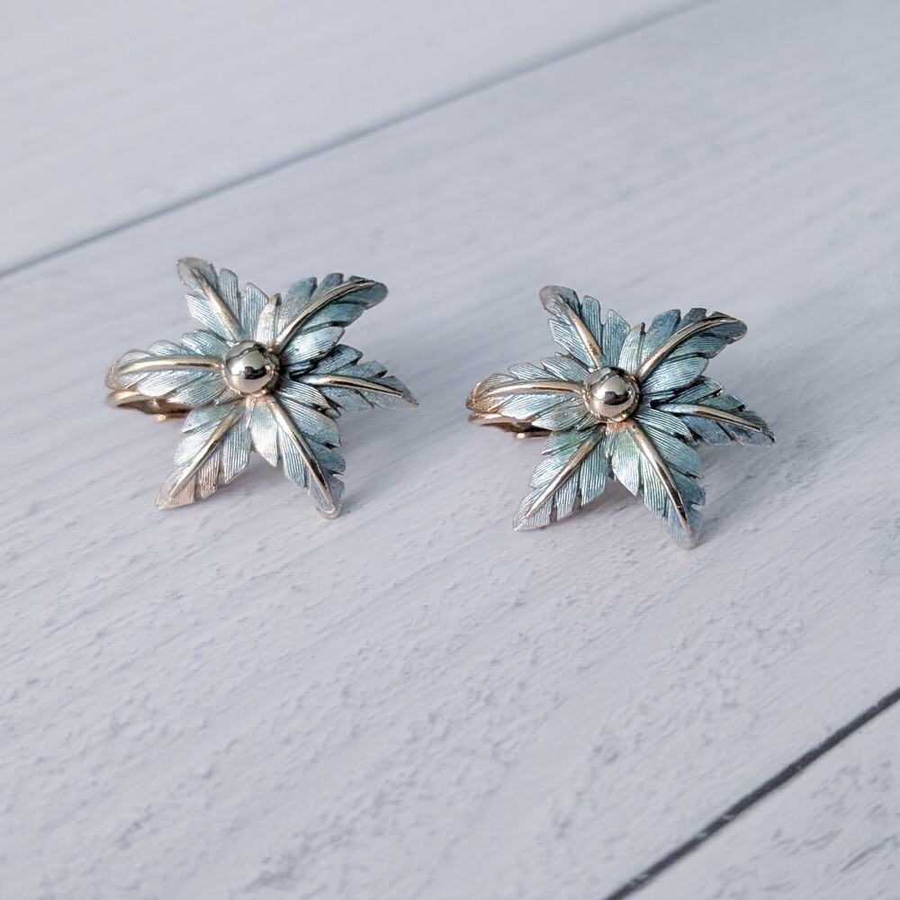 Vintage Clip On Earrings Turquoise Tone & Gold Tone Statement Large Flower